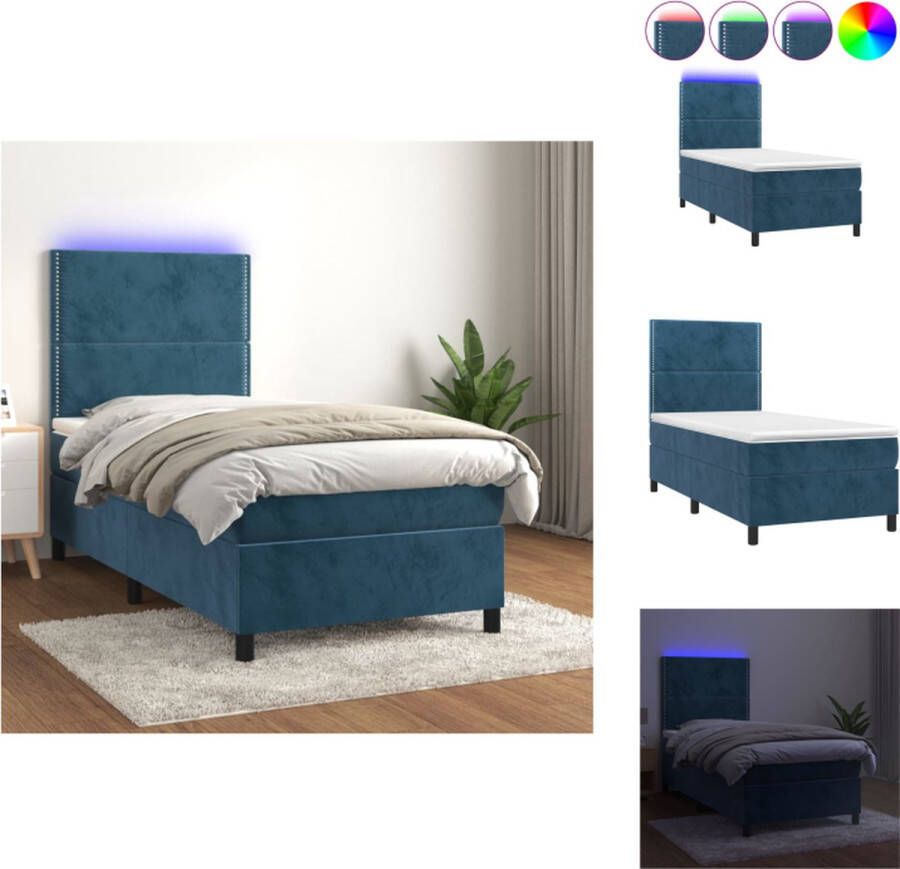VidaXL Bed Boxspring Blauw Fluweel 203 x 90 x 118 128 cm LED verlichting Pocketvering matras Huidvriendelijk topmatras Bed - Foto 1