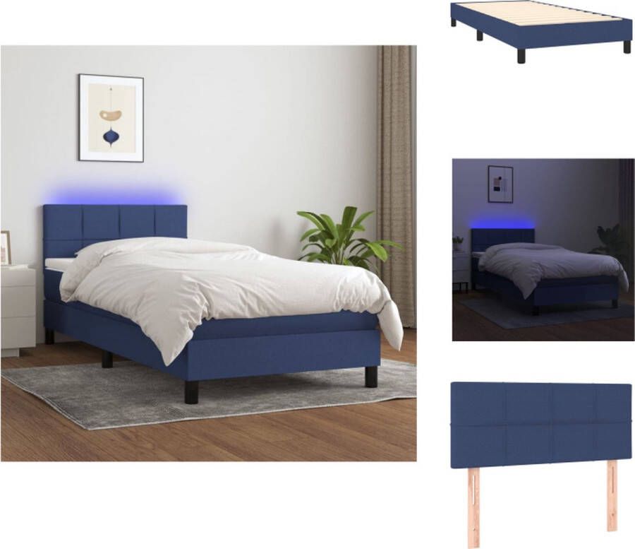 VidaXL Bed Boxspring Blauw LED 203 x 100 x 78 88 cm Pocketvering Matras Huidvriendelijk Topmatras Bed