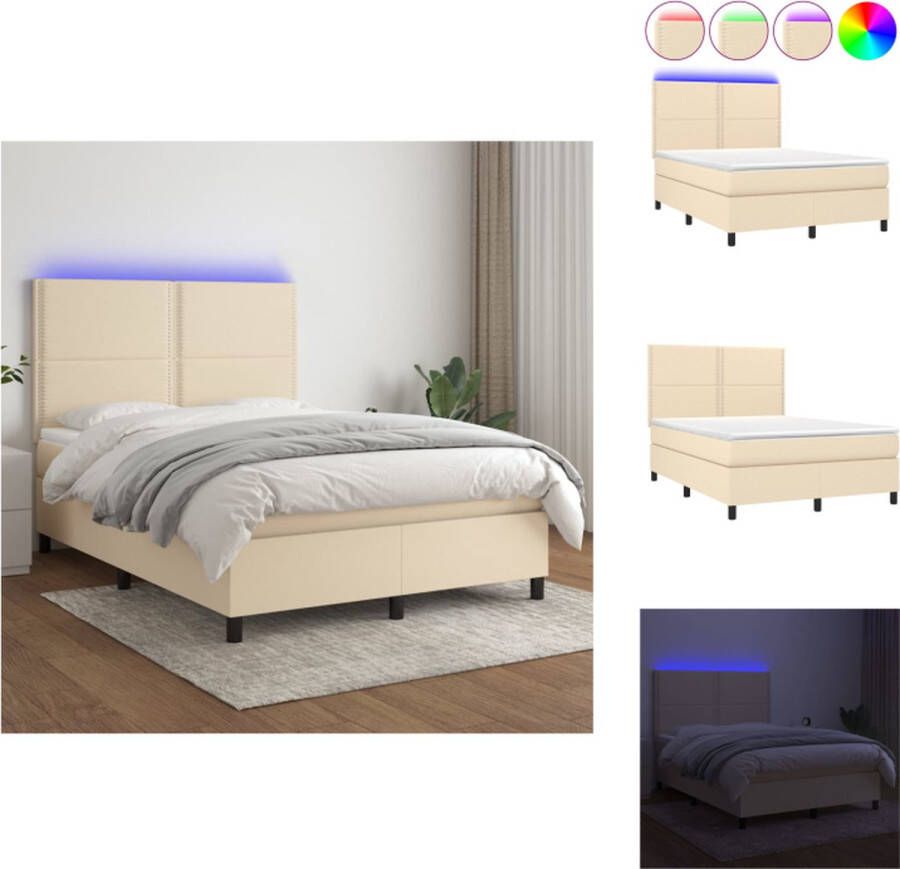 VidaXL Bed Boxspring Crème 203x144x118 128 cm Verstelbaar hoofdbord LED-verlichting Pocketvering matras Huidvriendelijk topmatras Inclusief 2 LED-strips Bed - Foto 1