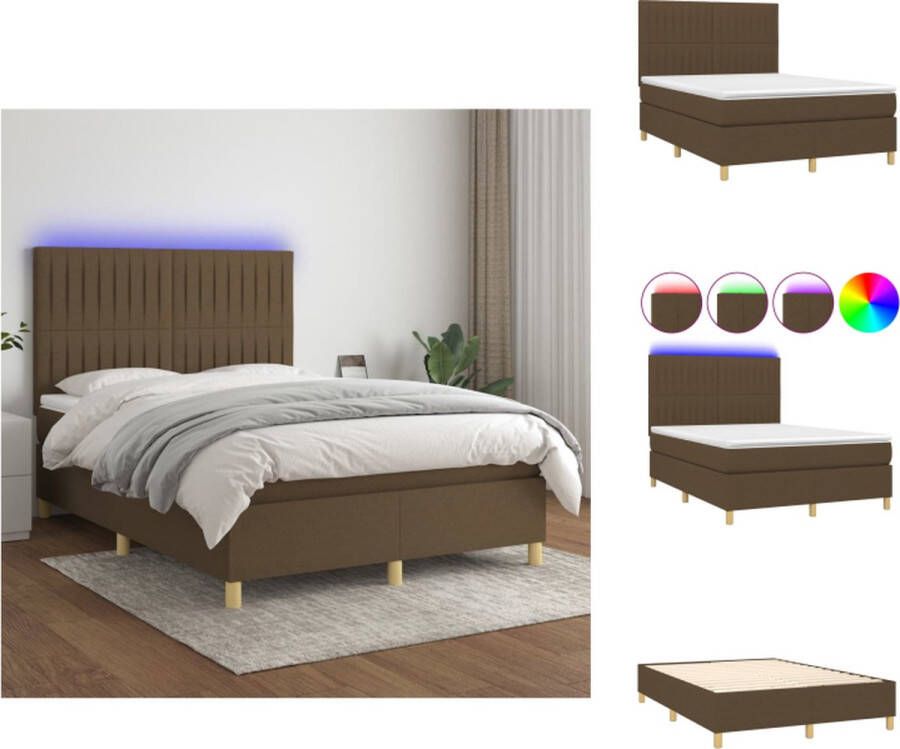VidaXL Bed Boxspring donkerbruin 203x144x118 128 cm LED-verlichting en pocketvering matras Bed - Foto 1