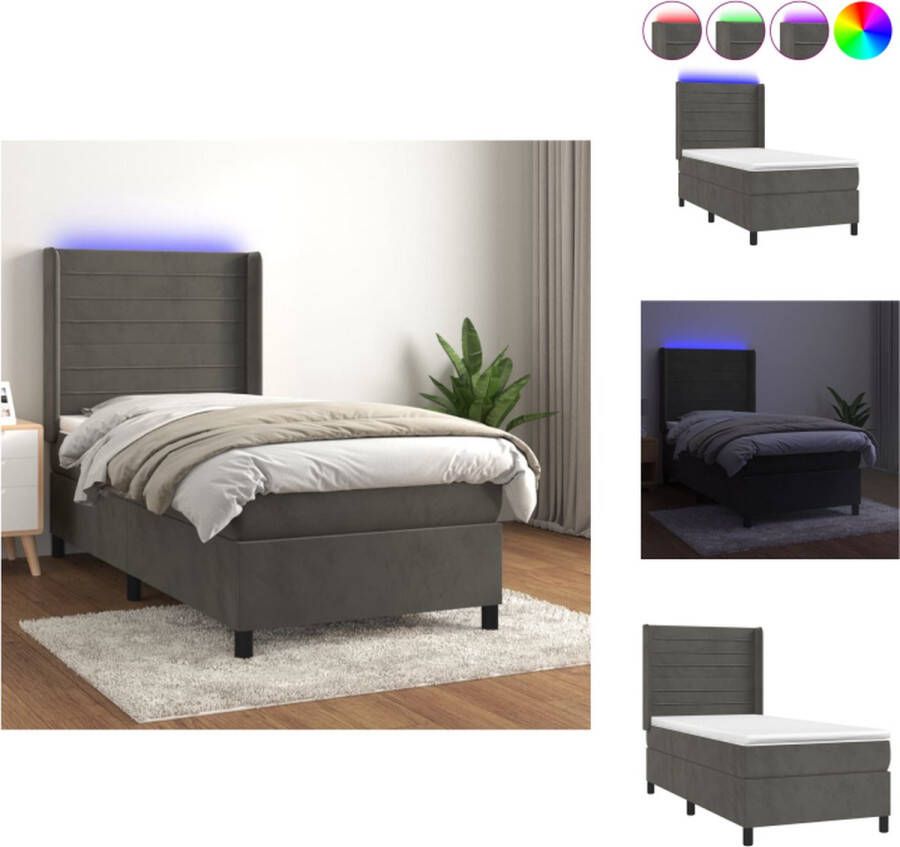 VidaXL Bed Boxspring Donkergrijs 90x190cm Fluwelen Materiaal Verstelbaar Hoofdbord LED-verlichting Bed