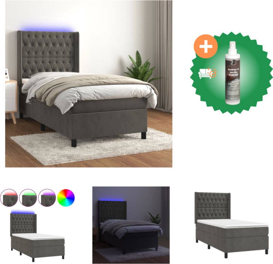 VidaXL Bed Boxspring Fluweel Pocketvering LED 203x93x118 128 cm Donkergrijs Bed Inclusief Reiniger