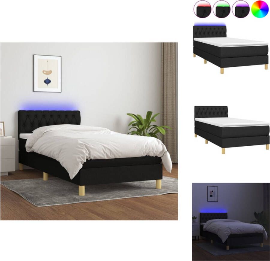 VidaXL Bed Boxspring met LED-verlichting 193 x 90 x 78 88 cm Zwarte stof Pocketvering matras Huidvriendelijk topmatras Inclusief LED-strip Bed - Foto 1