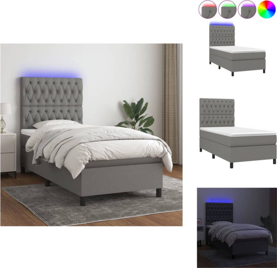 VidaXL Bed Boxspring met LED-verlichting Donkergrijs 193 x 90 x 118 128 cm Pocketvering matras Huidvriendelijk topmatras Bed