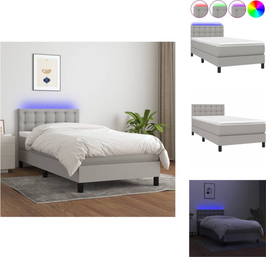 VidaXL Bed Boxspring met matras en LED 203 x 100 x 78 88 cm lichtgrijs wit Pocketvering matras Huidvriendelijk topmatras Kleurrijke LED-verlichting verstelbaar hoofdbord Bed