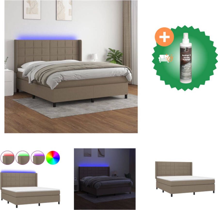 VidaXL Bed Boxspring Taupe 203 x 163 x 118 128 cm Verstelbaar hoofdbord Kleurrijke LED-verlichting Pocketvering matras Huidvriendelijk topmatras Inclusief montagehandleiding USB-aansluiting Bed Inclusief Reiniger