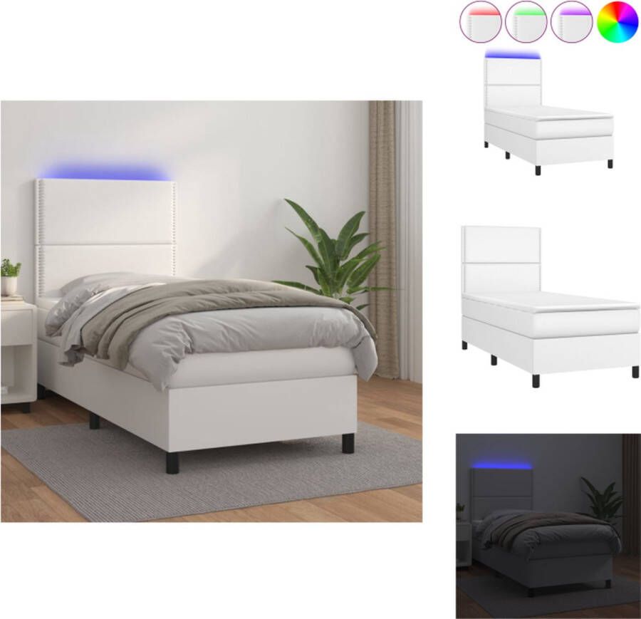 VidaXL Bed Boxspring wit Kunstleer 203 x 90 x 118 128 cm Pocketvering matras Huidvriendelijk topmatras Kleurrijke LED-verlichting Bed
