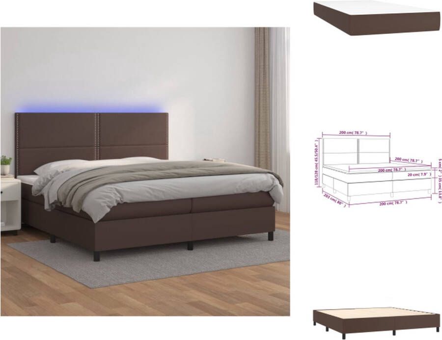 VidaXL Bed Bruin Kunstleer 203x200x118 128 cm Hoofdbord Verstelbaar LED-Verlichting Pocketvering Matras Huidvriendelijk Topmatras Montagehandleiding Bed