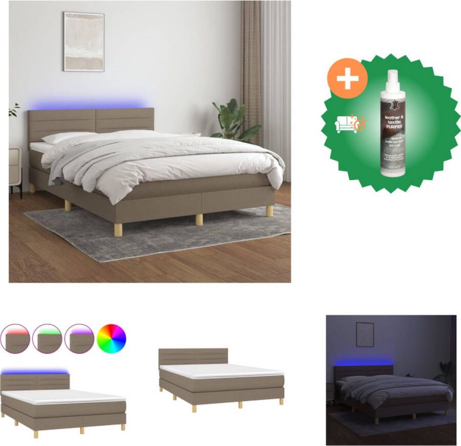 VidaXL Boxspring Bed LED 140x190 Taupe Multiplex Larikshout Verstelbaar Hoofdbord Pocketvering Matras Huidvriendelijk Topmatras Kleurrijke LED-verlichting Montagehandleiding Bed Inclusief Reiniger