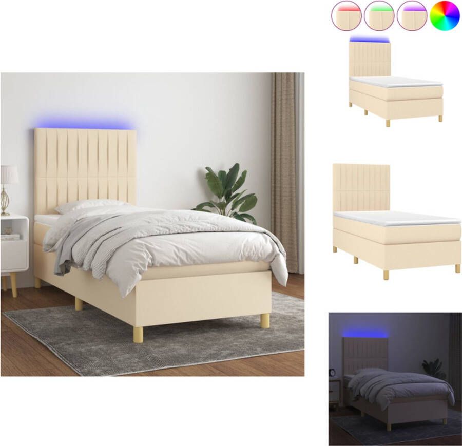 vidaXL Bed Crème LED 193x90x118cm Duurzaam Verstelbaar hoofdbord Pocketvering matras Huidvriendelijk topmatras Inclusief LED-strip Bed
