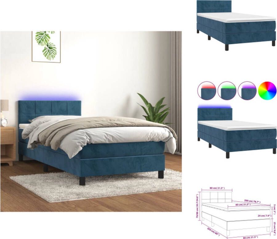 VidaXL Boxspring Bed Donkerblauw fluweel 203x80x78 88 cm Verstelbaar hoofdbord Kleurrijke LED-verlichting Pocketvering matras Huidvriendelijk topmatras Inclusief montagehandleiding Bed - Foto 4