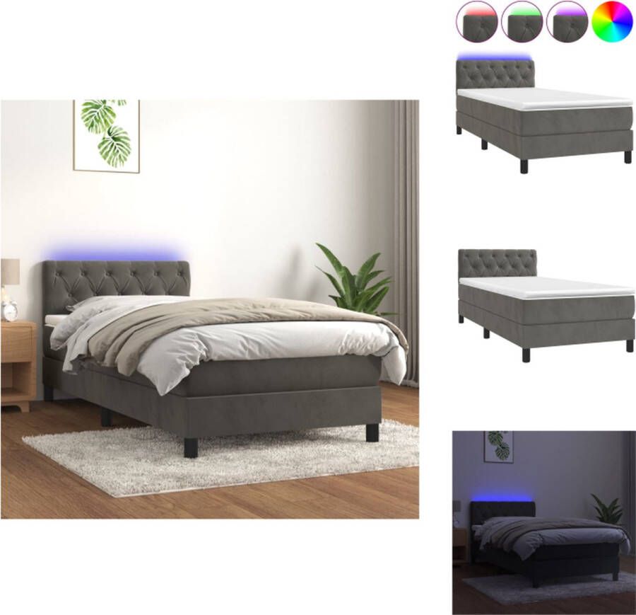 VidaXL Bed Fluweel Boxspring met matras en LED 203 x 80 x 78 88 cm Donkergrijs Pocketvering Bed