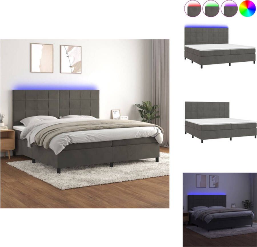 VidaXL Bed fluweel donkergrijs 203x200x118 128 cm Pocketvering matras Verstelbaar hoofdbord Kleurrijke LED-verlichting Bed