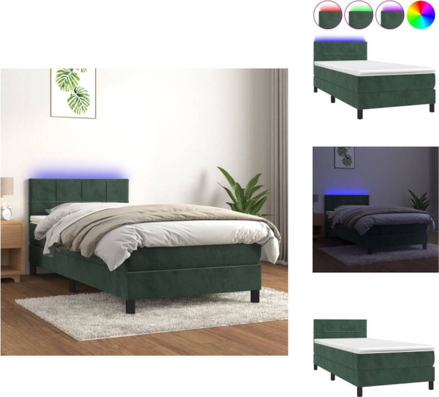VidaXL Bed fluweel donkergroen 193x90x78 88cm + pocketvering matras 90x190x20cm + bedtopmatras 90x190x5cm + LED-strip 55cm verstelbaar hoofdbord Bed