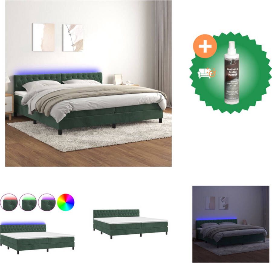VidaXL Bed Fluweel Donkergroen Boxspring 203x200x78 88 cm Verstelbaar hoofdbord LED-verlichting Pocketvering matras Huidvriendelijk topmatras Bed Inclusief Reiniger