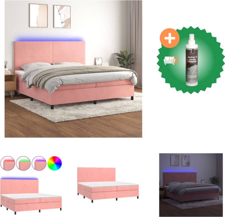 VidaXL Bed Fluweel Roze Boxspring 203x200x118 128 Verstelbaar hoofdbord Pocketvering matras Huidvriendelijk topmatras Kleurrijke LED-verlichting Inclusief montagehandleiding USB-aansluiting Bed Inclusief Reiniger