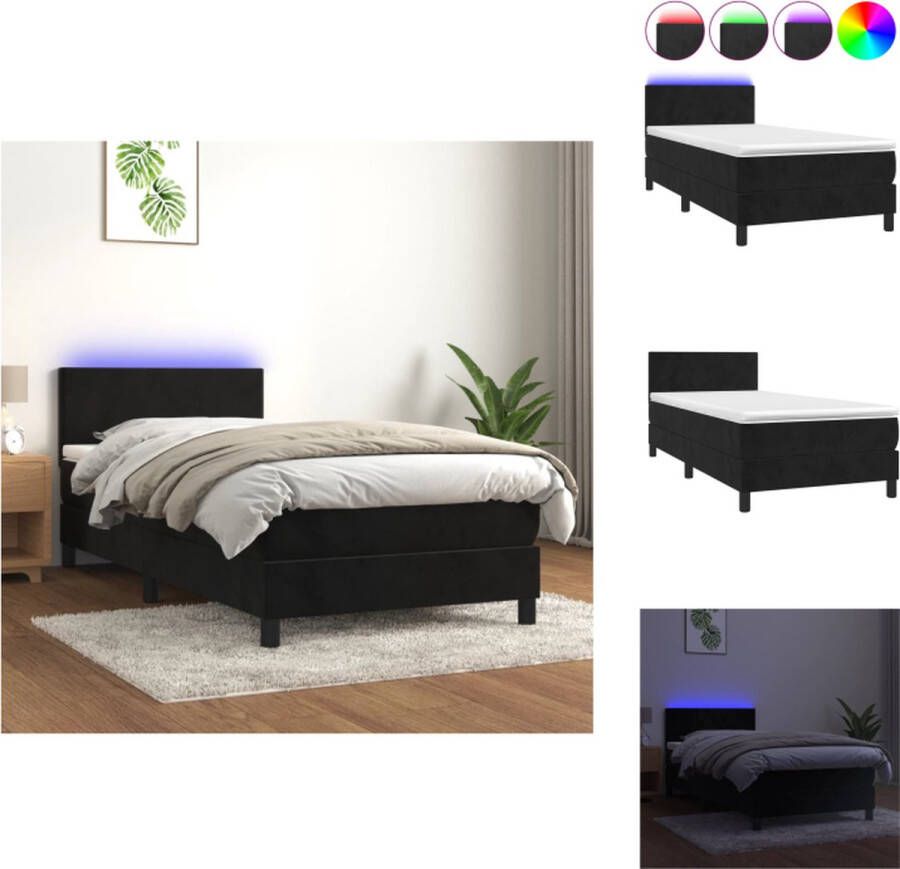 VidaXL Boxspring Zwart Fluweel 193x90x78 88cm Verstelbaar hoofdbord Kleurrijke LED-verlichting Pocketvering matras Huidvriendelijk topmatras Incl montagehandleiding Bed - Foto 4