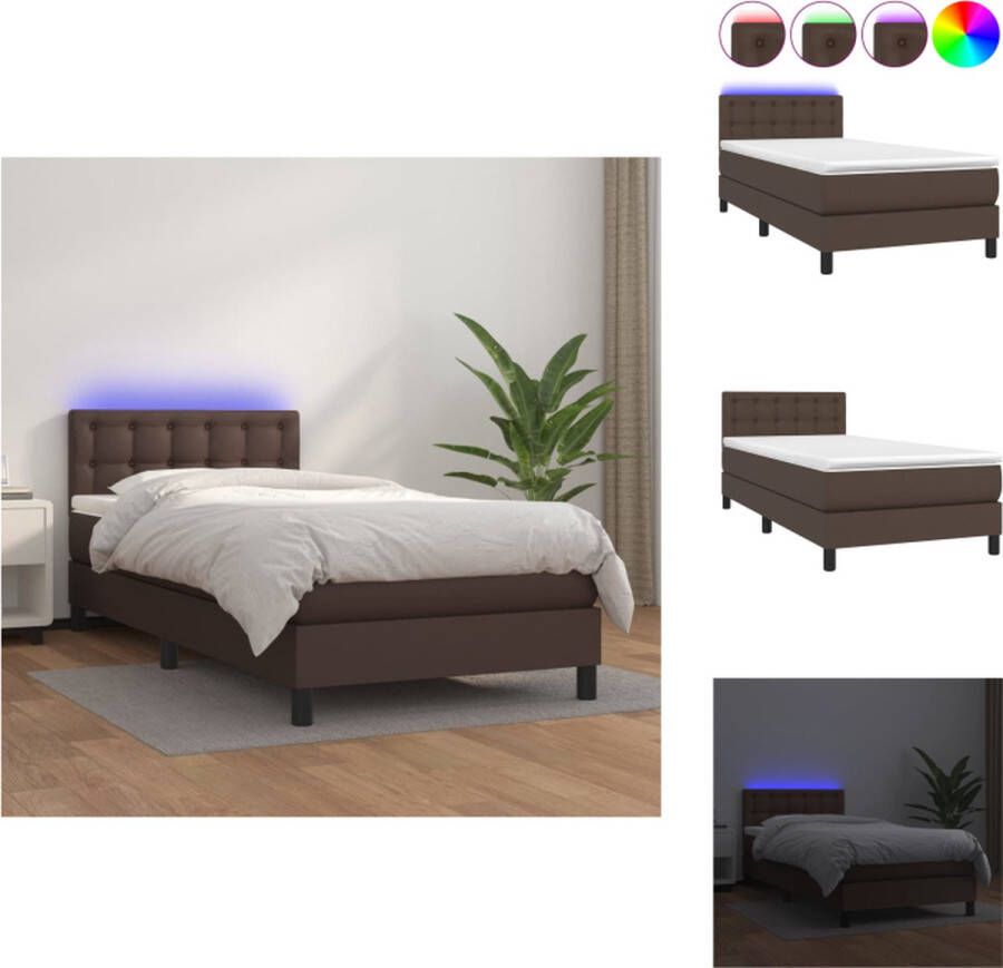 VidaXL Bed Frame Bruin Boxspring 203 x 100 x 78 88 cm Kunstleer Verstelbaar Hoofdbord Kleurrijke LED-Verlichting Inclusief Matras en Topmatras Duurzaam Materiaal Huidvriendelijk Bed