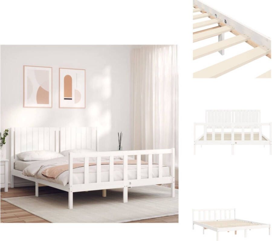 VidaXL Bedframe Massief Grenenhout Wit 205.5 x 155.5 x 100 cm Multiplex Lattenbodem Functioneel Hoofd- en Voeteneinde Bed - Foto 3