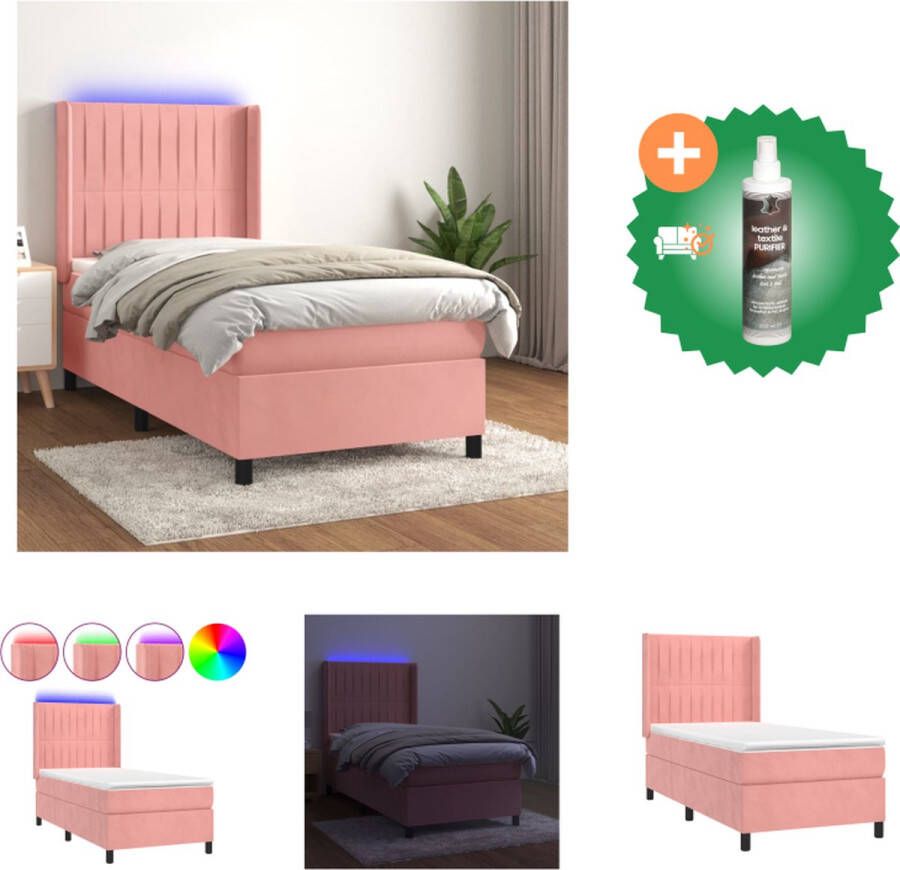 VidaXL Bed Frame Roze Fluweel 203 x 103 x 118 128 cm Verstelbaar hoofdbord Kleurrijke LED-verlichting Pocketvering matras Huidvriendelijk topmatras Bed Inclusief Reiniger