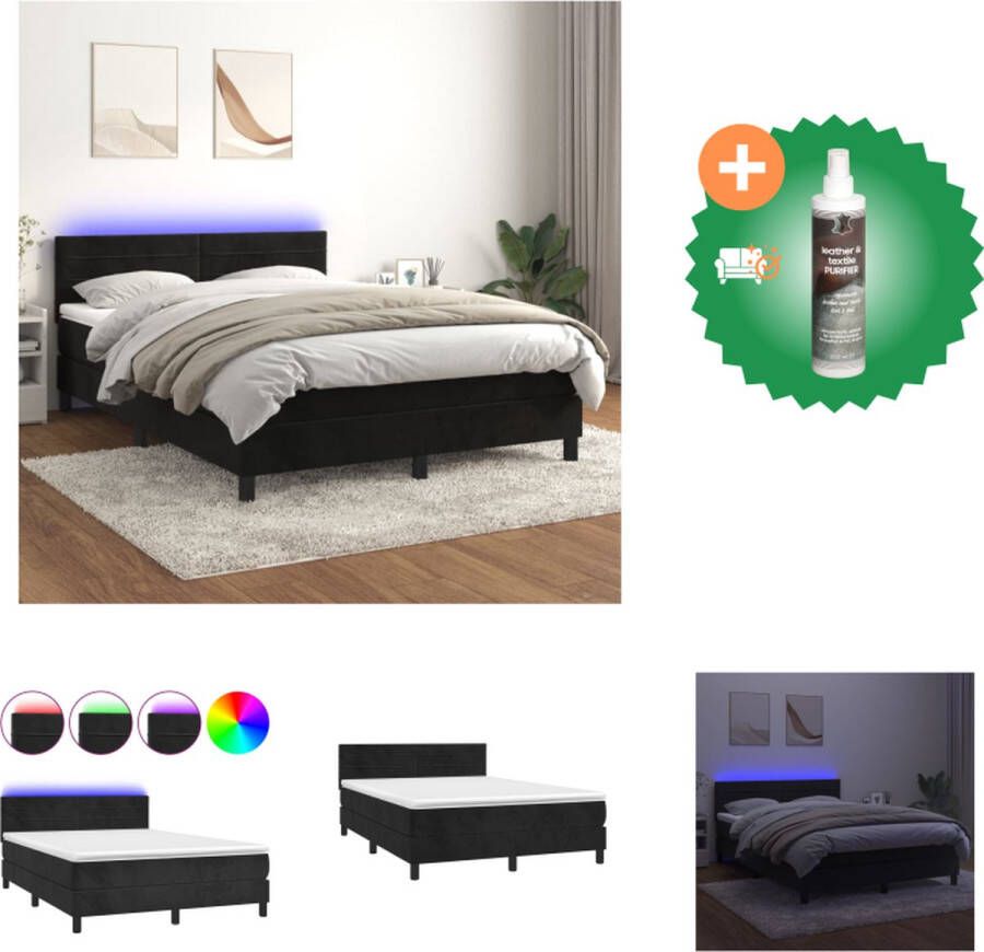 VidaXL Bed Frame Zwart Fluweel LED 193x144 Pocketvering Matras 140x190 Topmatras 140x190 Verstelbaar hoofdbord Kleurrijke LED-verlichting Huidvriendelijk Bed Inclusief Reiniger