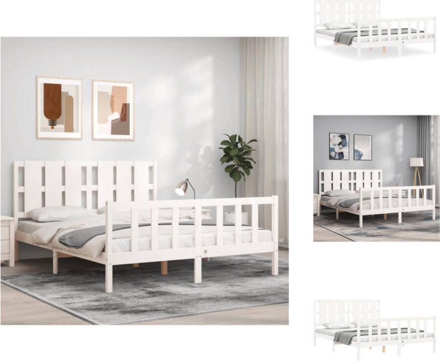 VidaXL Bed Grenenhout Massief Wit 205.5 x 155.5 x 100 cm Multiplex lattenbodem 150 x 200 cm matras Montage vereist Bed