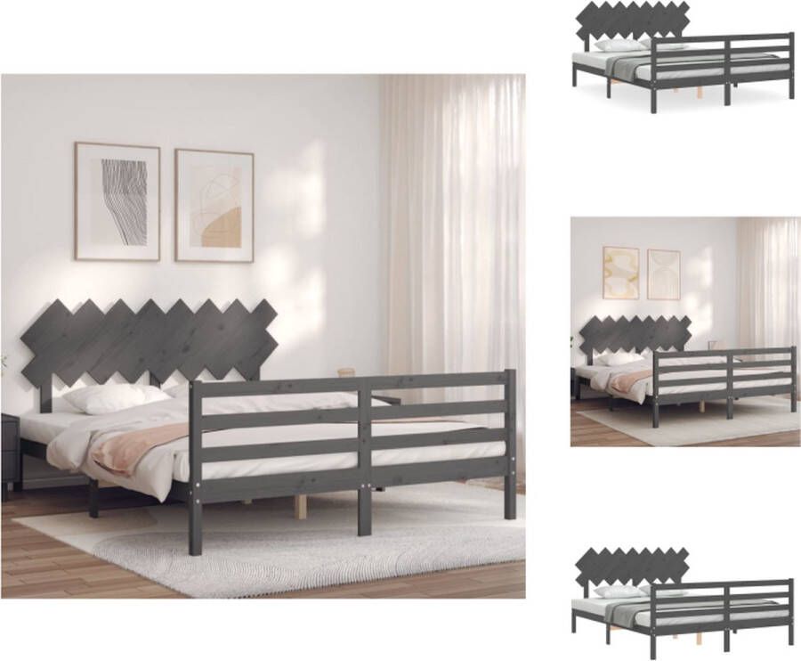 VidaXL Bed Grenenhouten Bedframe 205.5 x 165.5 x 81 cm Multiplex lattenbodem Functioneel hoofd- en voeteneinde Grijs Bed