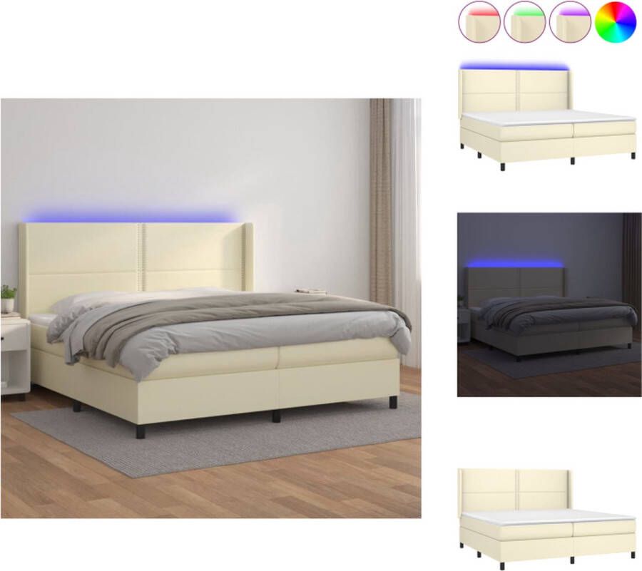 vidaXL Bed King Size Boxspring met matras en LED-verlichting Crème 203 x 203 x 118 128 cm Duurzaam kunstleer Bed