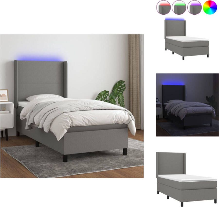 VidaXL Bed LED Boxspring 100 x 200 cm Donkergrijs Pocketvering matras Huidvriendelijk topmatras Kleurrijke LED-verlichting Bed