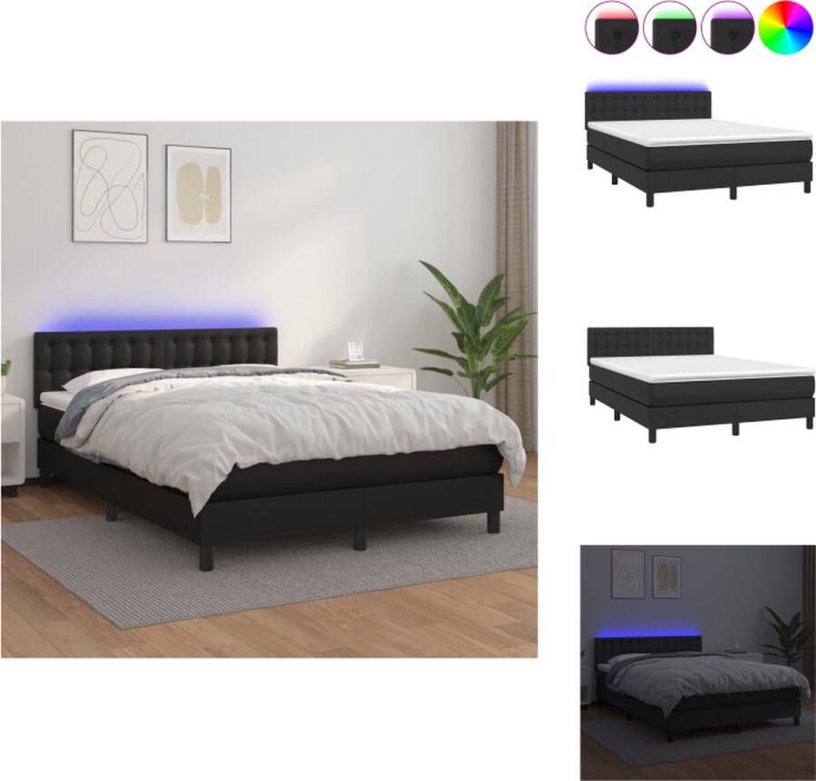 VidaXL Bed LED Boxspring 140x200 Duurzaam Kunstleer Verstelbaar Hoofdbord Pocketvering Matras Huidvriendelijk Topmatras Zwart Bed