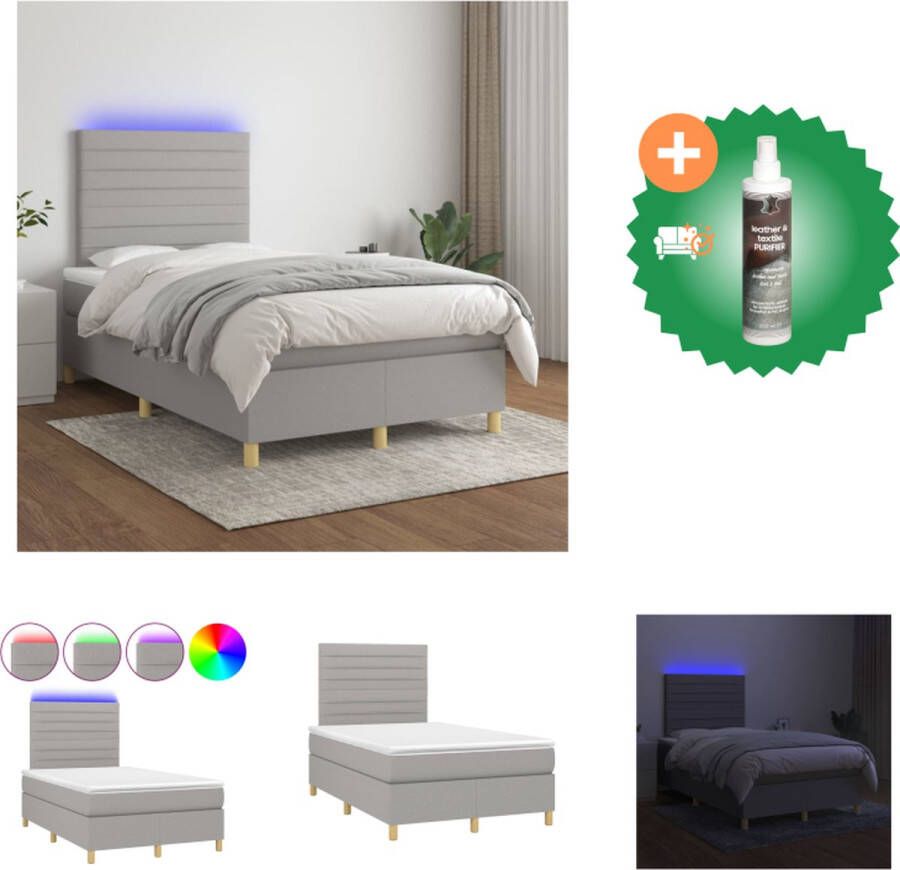 vidaXL Bed LED Boxspring 203 x 120 cm Lichtgrijs Duurzaam materiaal Verstelbaar hoofdbord Comfortabele ondersteuning Kleurrijke LED-verlichting Pocketvering matras Huidvriendelijk topmatras Bed Inclusief Reiniger