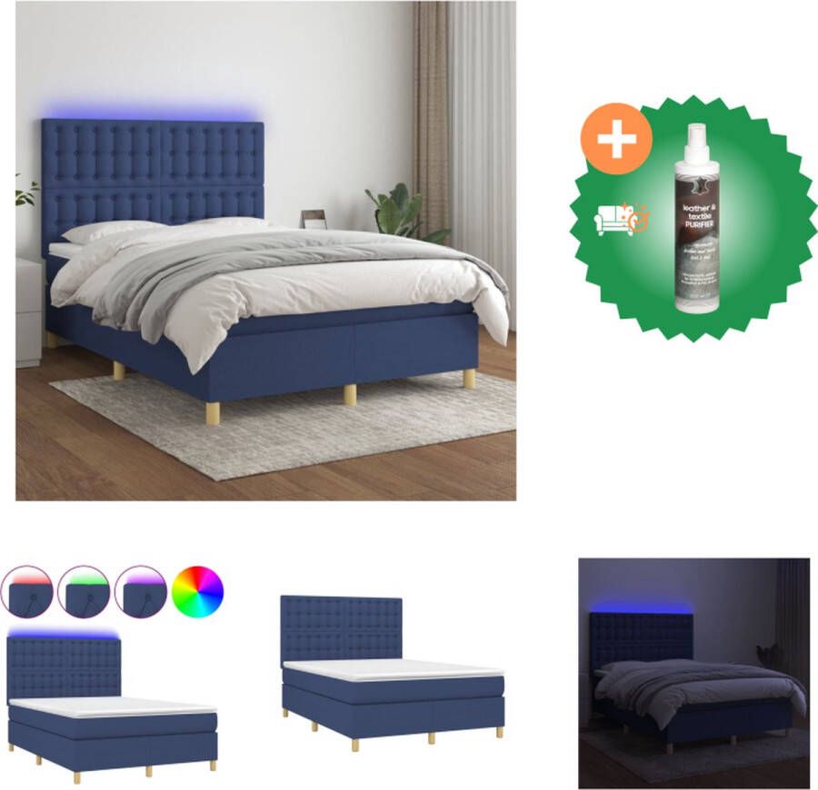 VidaXL Bed LED Boxspring 203 x 144 cm Blauw stof Verstelbaar hoofdbord Bed Inclusief Reiniger
