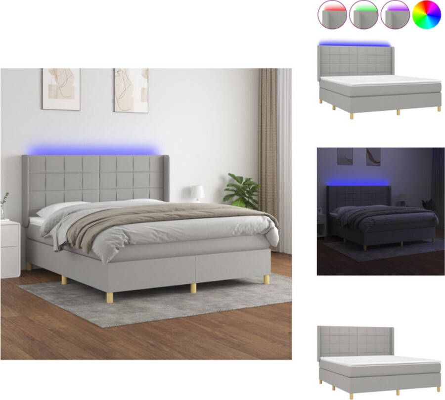 VidaXL Bed LED Boxspring 203x183x118 128 cm Lichtgrijs Pocketvering matras Huidvriendelijk topmatras Kleurrijke LED-verlichting Bed