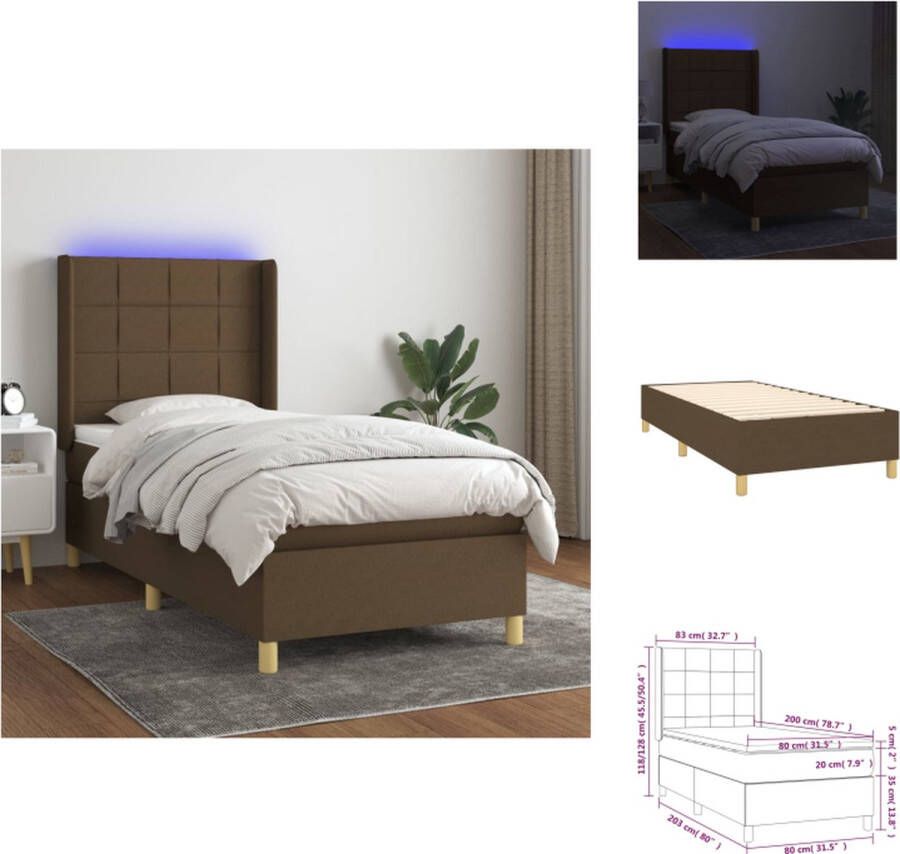 VidaXL Bed LED Donkerbruin 203x83x118 128 cm Pocketvering Matras 80x200x20 cm Huidvriendelijk Topmatras 80x200x5 cm Bed