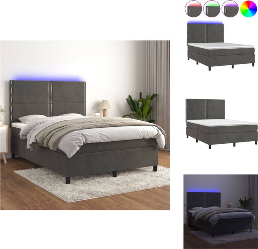 VidaXL Boxspring Bed Donkergrijs Fluweel 193x144x118 128 cm Verstelbaar hoofdbord LED-verlichting Pocketvering matras 140x190x20 cm Huidvriendelijk topmatras Inclusief montagehandleiding Bed - Foto 2