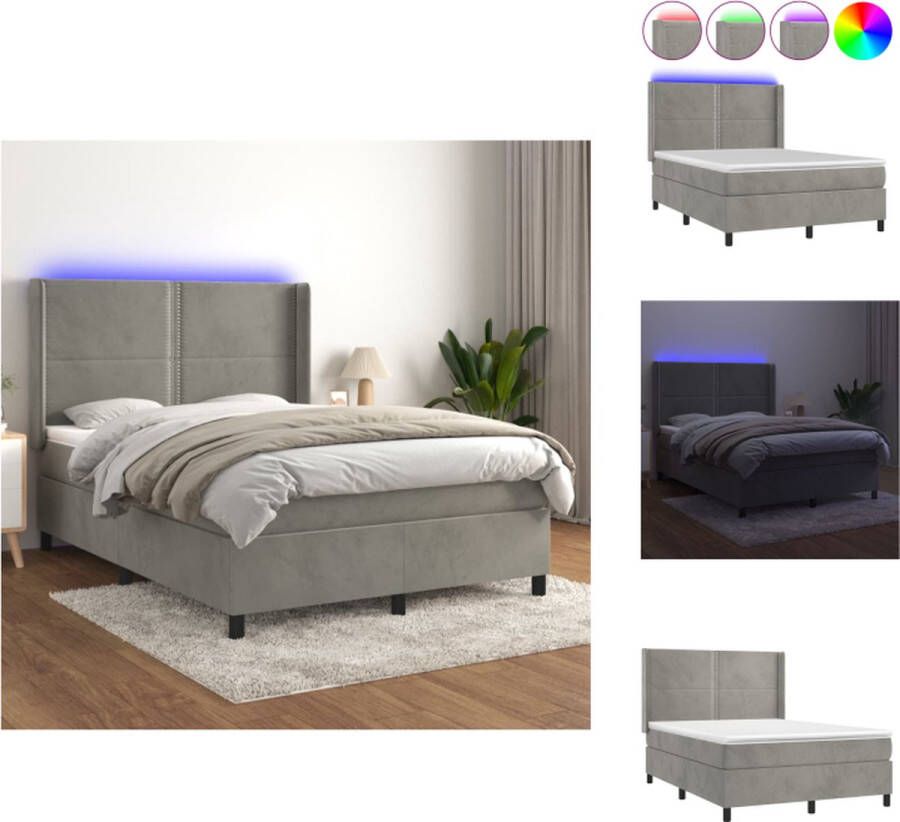 VidaXL Bed LED Fluwelen Stof Verstelbaar Hoofdbord Pocketvering Huidvriendelijk Lichtgrijs 193x147x118 128 cm Bed