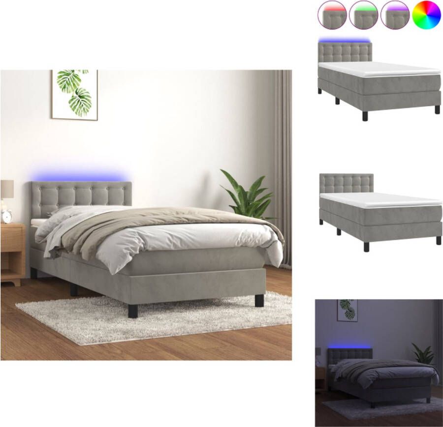VidaXL Bed LED Fluwelen Stof Verstelbaar Hoofdbord Pocketvering Matras Huidvriendelijk Topmatras Lichtgrijs 203x80x78 88 cm Bed