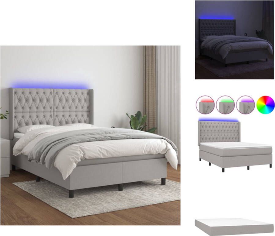 VidaXL Bed LED Lichtgrijs 203 x 147 x 118 128 cm Pocketvering Matras Huidvriendelijk Topmatras Bed