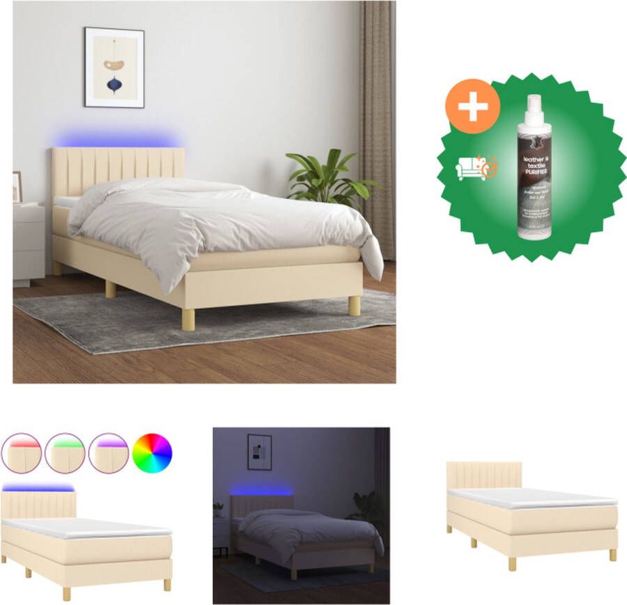 VidaXL Boxspring 90x200 crème stof verstelbaar hoofdbord met LED-licht pocketvering matras huidvriendelijk topmatras inclusief montagehandleiding en USB-aansluiting Bed Inclusief Reiniger