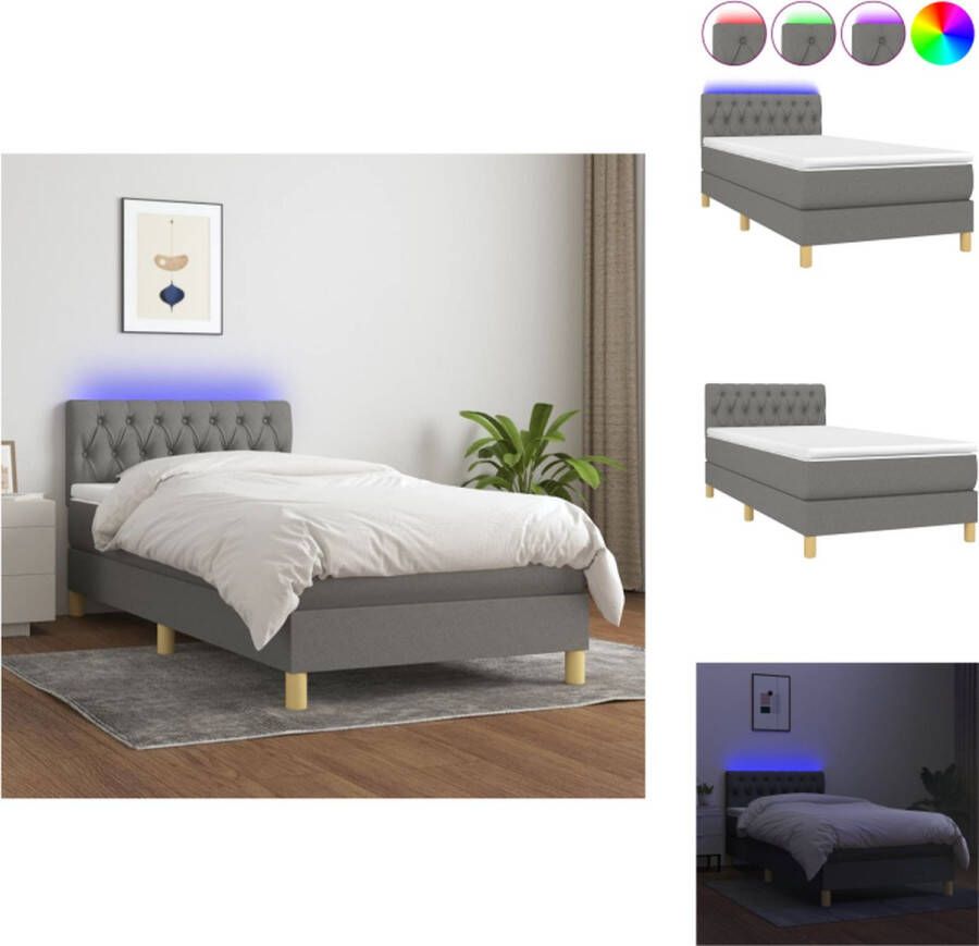 VidaXL Bed LED-verlichting Boxspring 193 x 90 x 78 88 cm Donkergrijs Bed - Foto 1
