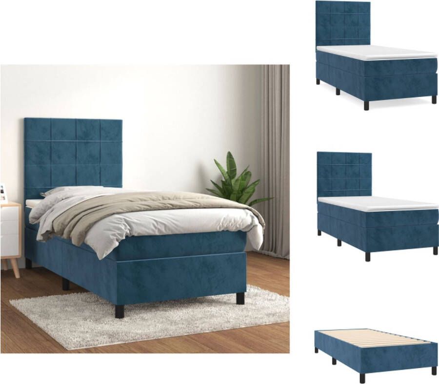 VidaXL Boxspringbed Pocketvering matras Middelharde ondersteuning Zacht fluweel Praktisch hoofdbord Huidvriendelijk topmatras Kleur- donkerblauw 193 x 90 x 118 128 cm Bed - Foto 5
