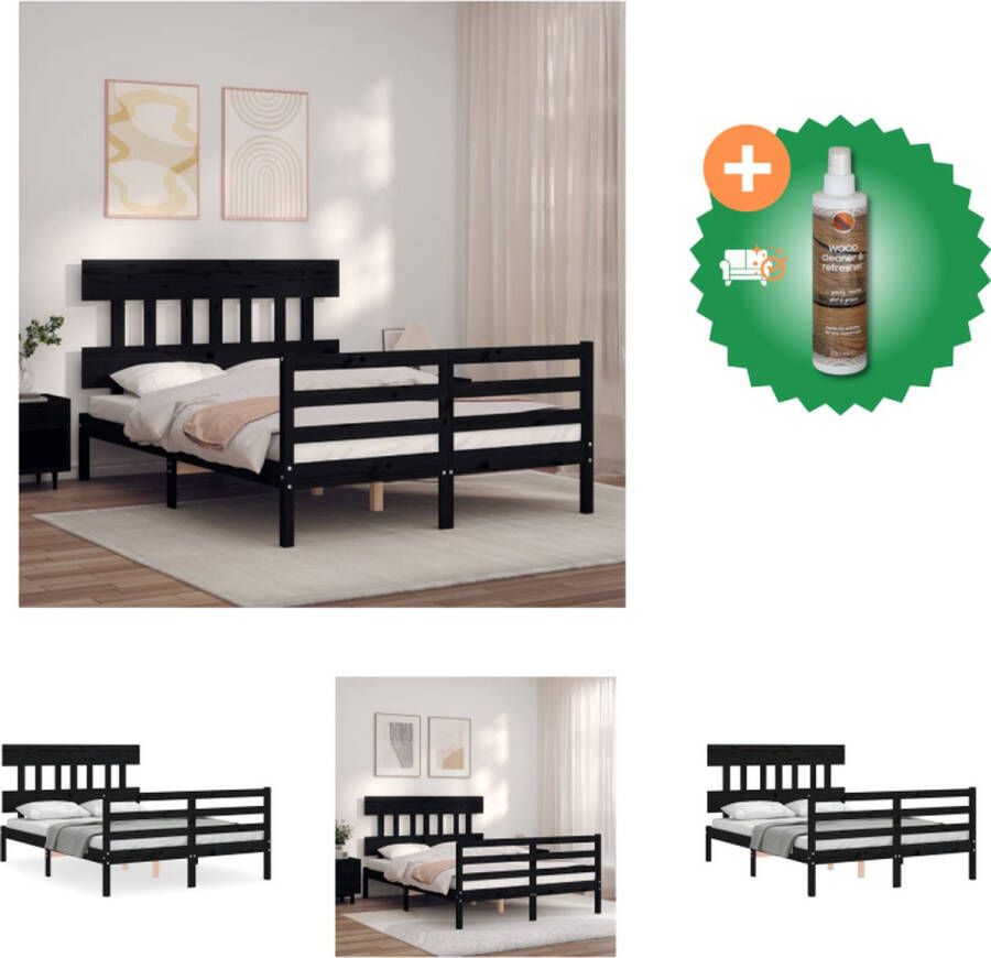 VidaXL Bed Massief Grenenhout Zwart 195.5 x 145.5 x 81 cm Multiplex lattenbodem Functioneel hoofd- en voeteneinde Bed Inclusief Houtreiniger en verfrisser