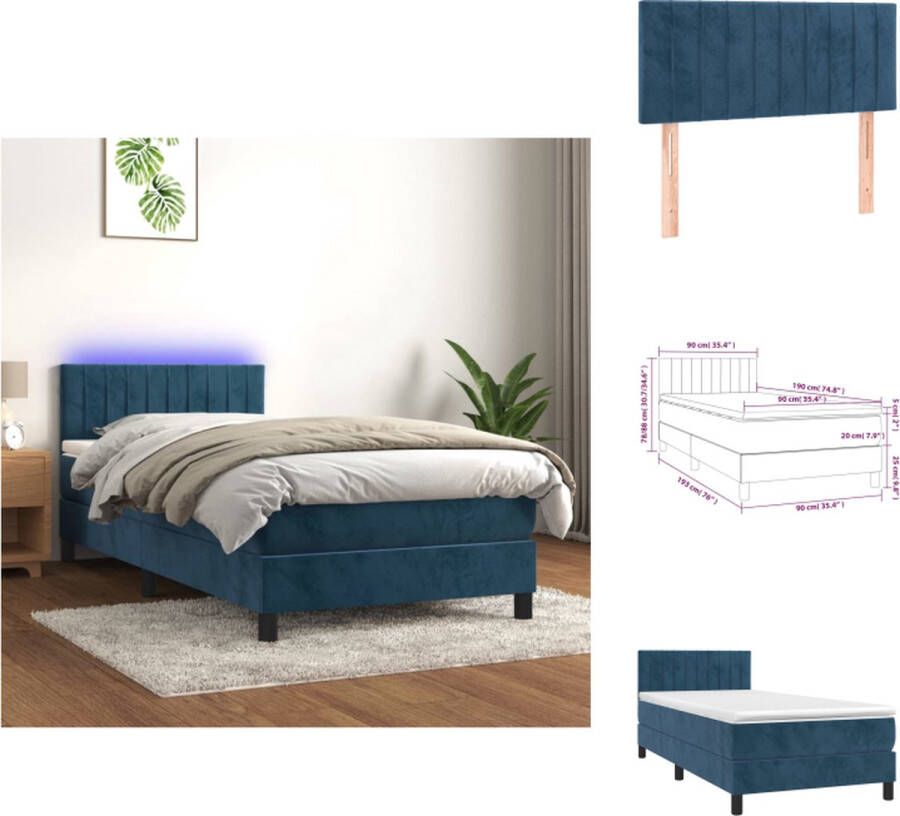 VidaXL Bed met matras en LED Donkerblauw fluweel 193x90x78 88cm Verstelbaar hoofdbord Kleurrijke LED-verlichting Pocketvering matras Huidvriendelijk topmatras Bed