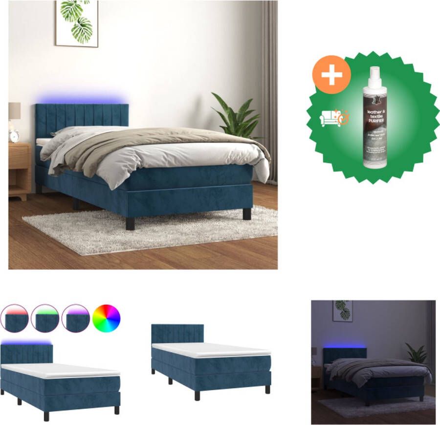 VidaXL Bed met matras en LED Donkerblauw fluweel 193x90x78 88cm Verstelbaar hoofdbord Kleurrijke LED-verlichting Pocketvering matras Huidvriendelijk topmatras Bed Inclusief Reiniger