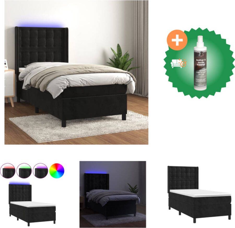 VidaXL Bed Pocketvering Matras LED 100x200 cm Zwart Fluweel Bed Inclusief Reiniger
