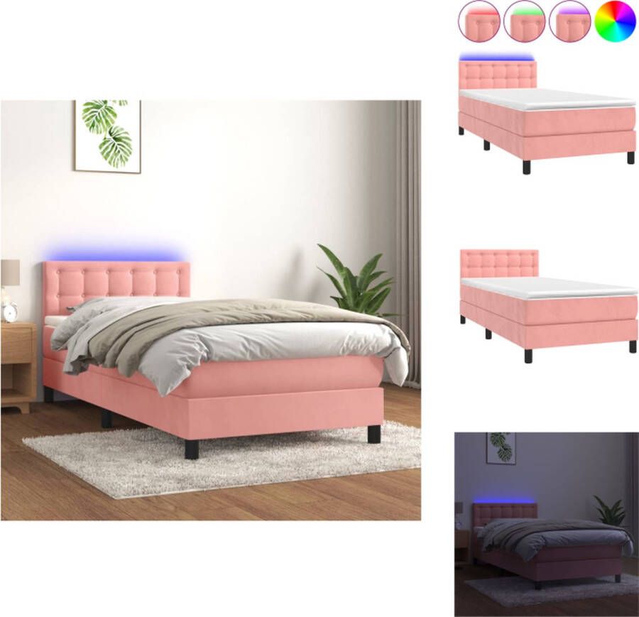 VidaXL Boxspringbed Zacht fluweel Praktisch hoofdbord Kleurrijke LED-verlichting Pocketvering matras Huidvriendelijk topmatras 203x100x78 88 cm Bed - Foto 6