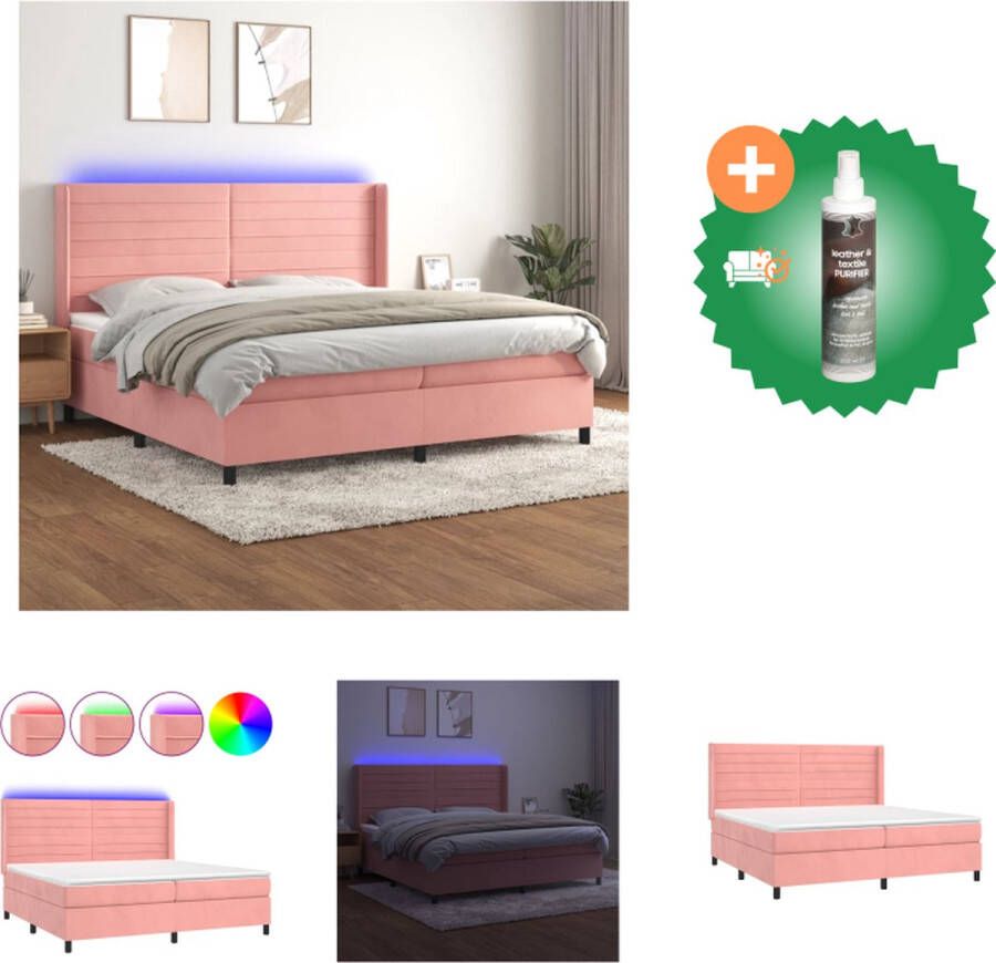 VidaXL Bed Roze Fluweel Boxspring 203x203cm Verstelbaar hoofdbord LED-verlichting Pocketvering matras Huidvriendelijk topmatras Met montagehandleiding Bed Inclusief Reiniger