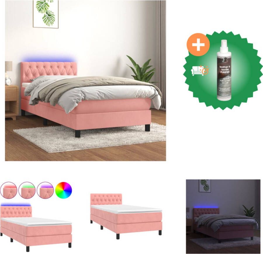 VidaXL Bed Roze fluwelen boxspring 90 x 200 cm Met verstelbaar hoofdbord en LED Bed Inclusief Reiniger