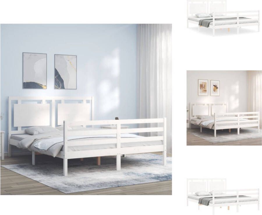 VidaXL Bedframe Bedframes Bed Tweepersoonsbed Bedframe met hoofdbord massief hout wit 5 FT King Size - Foto 3