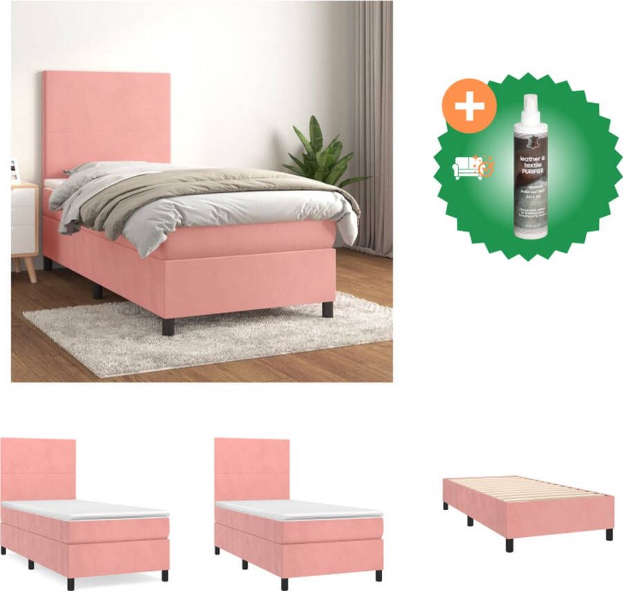 VidaXL Bed Zacht fluweel Praktisch hoofdbord Pocketvering matras Middelharde ondersteuning Huidvriendelijk topmatras Roze 203 x 100 x 118 128 cm Bed Inclusief Reiniger